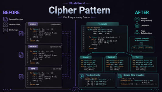 An educational infographic titled 'PlusOne! Cipher Pattern' for a C++ programming course, showing a 'Before' section with separate functions for integer, decimal, and text types, and an 'After' section with a template-based approach.
