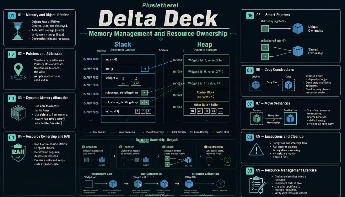 A dark teal and black educational infographic poster titled 'Plusletherei Delta Deck Memory Management and Resource Ownership' with multiple colored diagram boxes, icons, and text blocks explaining computer memory concepts.