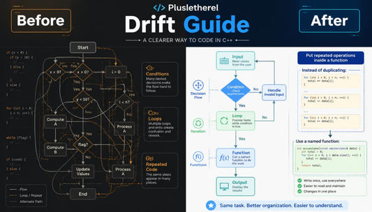 A digital infographic titled 'Plusletherel Drift Guide' comparing 'Before' and 'After' code organization. The left 'Before' section shows a tangled, commented-out C++ loop diagram on a dark background.