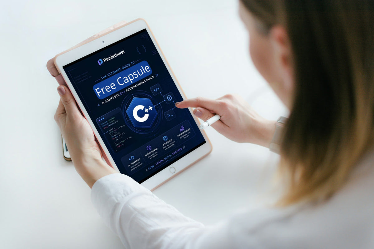 A woman in a white shirt holds a tablet showing a blue and black digital interface labeled 'Lattice Map' and 'PulsarNetwork', with her hand touching the screen.