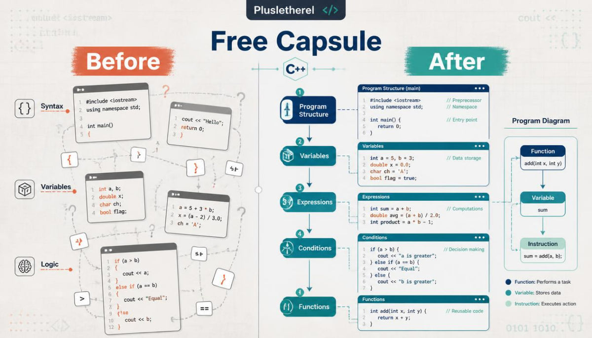 An educational infographic titled 'Free Capsule' comparing C++ programming concepts 'Before' and 'After' using a before-and-after layout with code snippets, flowcharts, and diagrams on a light gray background.