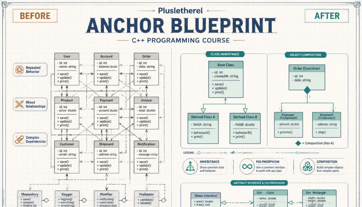 An educational infographic poster titled 'Pluslethereal Anchor Blueprint C++ Programming Course' showing a 'Before' and 'After' comparison of object-oriented programming concepts with class diagrams, inheritance, and composition.