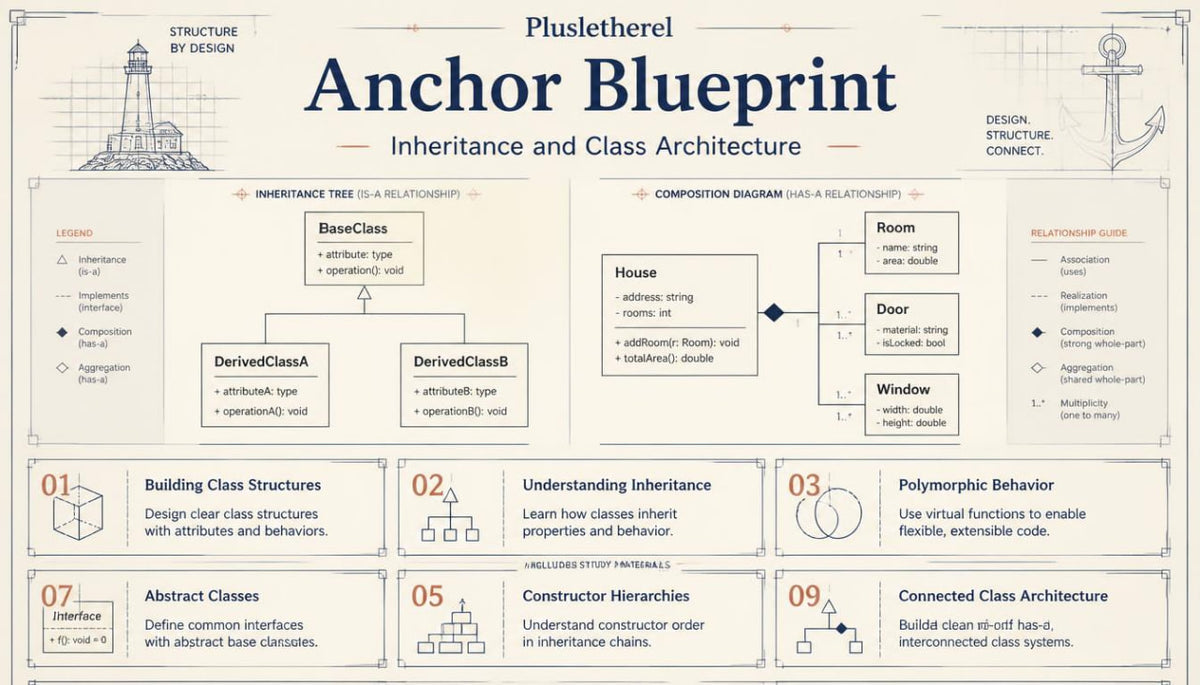 An educational infographic poster titled 'Plusletherei Anchor Blueprint: Inheritance and Class Architecture' with architectural illustrations and diagrams on a cream background.