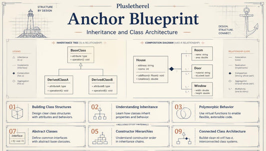 An educational infographic poster titled 'Plusletherei Anchor Blueprint: Inheritance and Class Architecture' with architectural illustrations and diagrams on a cream background.