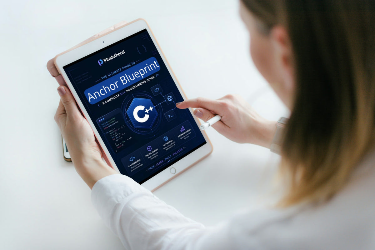 A woman in a white shirt holds a tablet showing the PulseDev 'Anchor Blueprint' dashboard, viewed from behind as she points at the screen with a stylus.