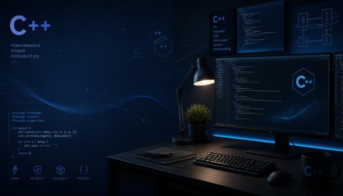 A dark, modern desk setup with a computer monitor, keyboard, and lamp illuminated in blue tones, surrounded by C++ themed graphics and code screens on a dark background.