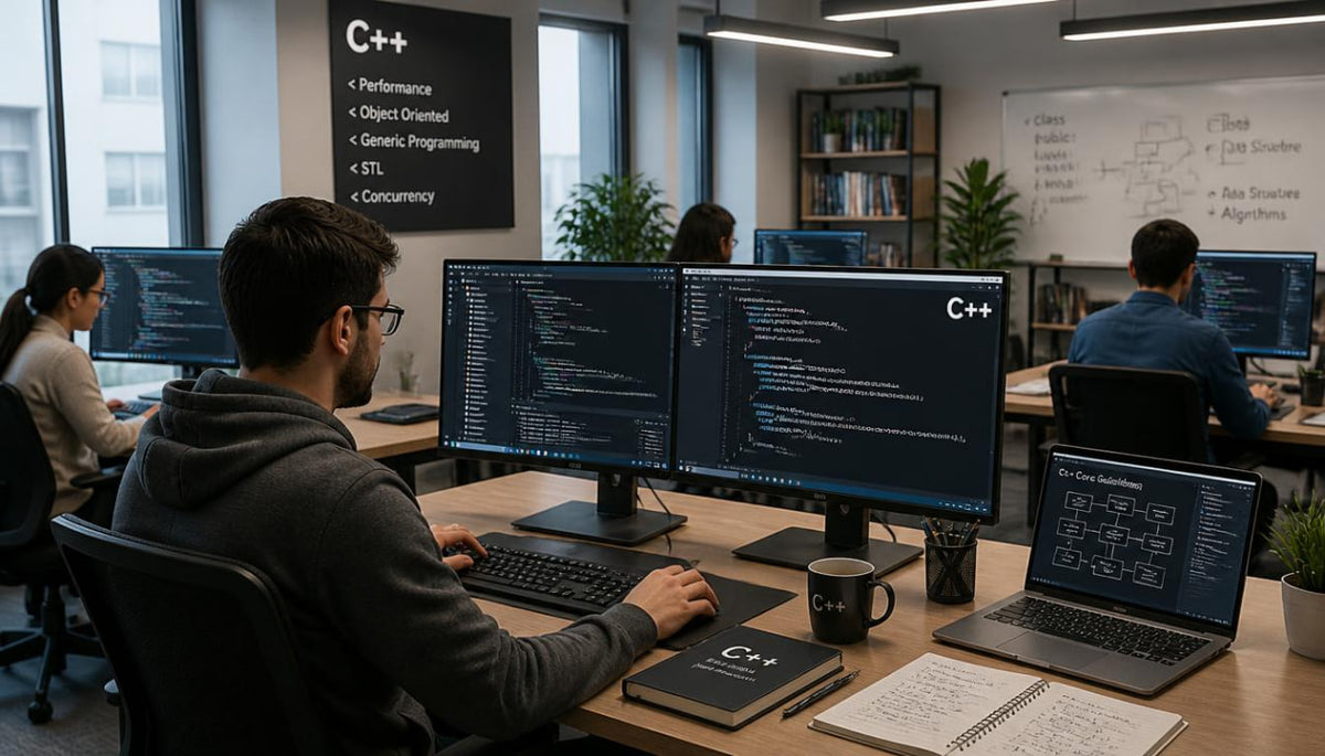 A man working at a desk in a modern office, looking at dual computer monitors displaying C++ code. Other office workers are visible in the background, along with a whiteboard, bookshelves, and a black C++ wall sign.
