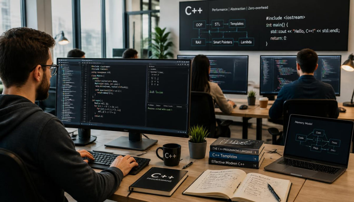 A group of programmers working at a desk in a modern office, focused on computer monitors displaying C++ code. A large screen on the wall shows C++ syntax, and books and notebooks related to C++ are visible on the desk.