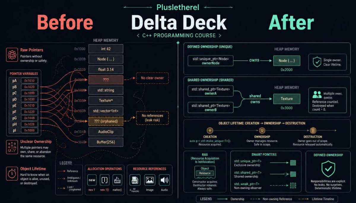 An educational infographic comparing C++ heap memory management 'Before' and 'After' using Pluslitherel, a C++ programming course. The left side, labeled 'Before', shows a dark-themed heap memory diagram with red and orange highlights, including raw pointers, heap memory, and object lifetimes.