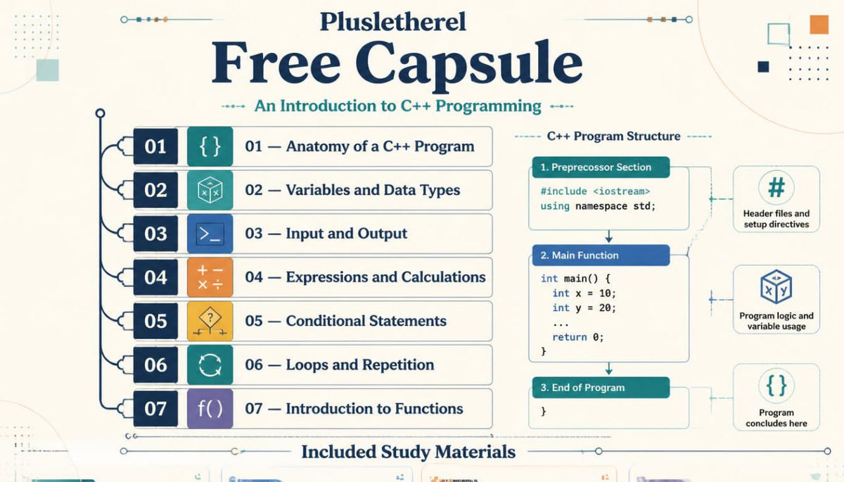 An infographic-style cover for a Pluslether Free Capsule C++ programming guide, showing a table of contents on the left and program structure sections on the right, with decorative pastel accents and a light beige background.