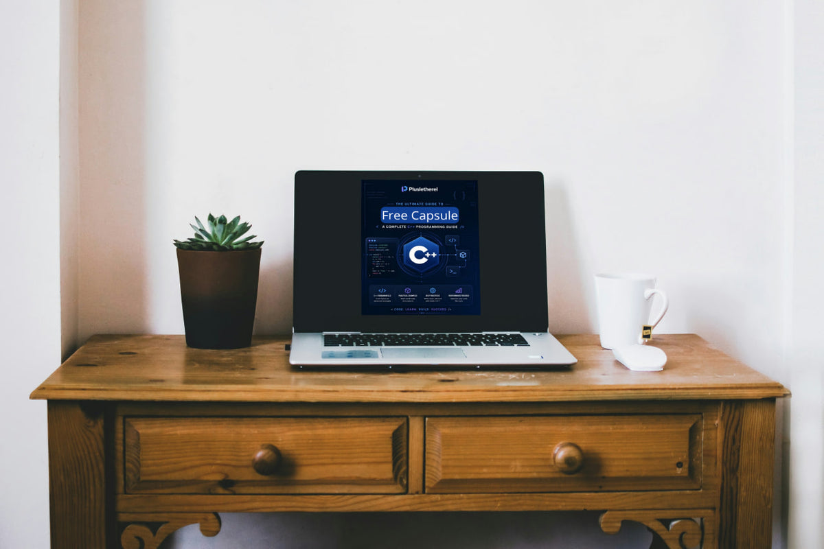 A silver laptop sits open on a wooden desk, displaying a software interface. The desk is styled with a small potted succulent on the left and a white mug on the right, set against a plain white wall.