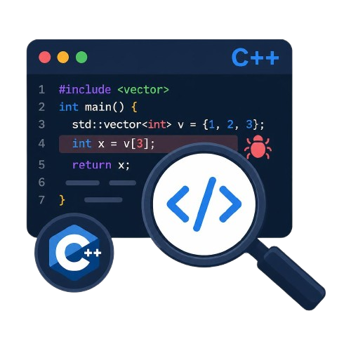 A stylized C++ programming-themed graphic showing a dark code editor window with C++ syntax, a magnifying glass over syntax symbols, and a C++ logo badge on a white background.