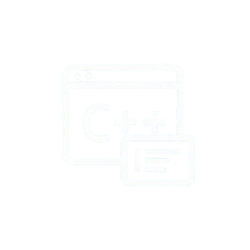 A white icon depicting a computer monitor with the text 'C++' and a small square card labeled 'Java' on a solid white background.