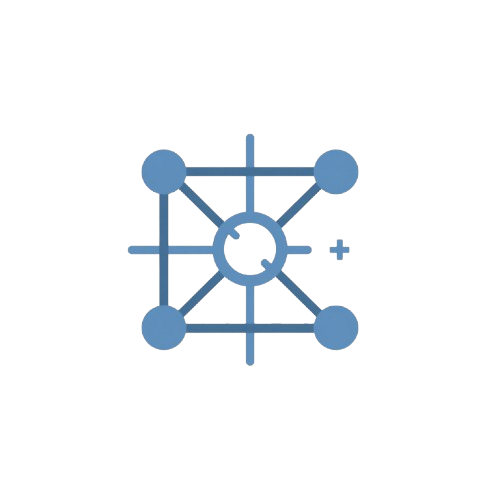 A blue line icon depicting a network or system with a central circular element, four corner nodes, and a small plus sign, set against a solid white background.