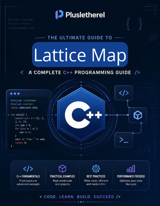 Promotional graphic for a C++ programming guide titled 'The Ultimate Guide to Lattice Map' by Plusletherel, featuring a dark blue background, a large central C++ logo, code snippets, and feature callouts.