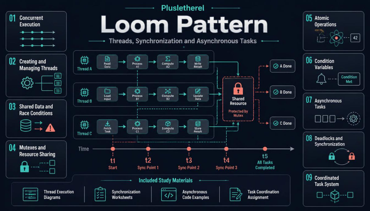 An educational infographic titled 'Loom Pattern' on a dark navy background, detailing thread synchronization and asynchronous tasks with diagrams, icons, and text blocks.