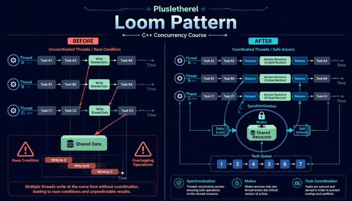 An educational infographic titled 'Pluslherei Loom Pattern C++ Concurrency Course' displaying a 'Before' and 'After' comparison diagram of thread synchronization. The left side, labeled 'BEFORE', shows uncoordinated threads racing to write to a shared data structure, highlighted by red warning icons and text.