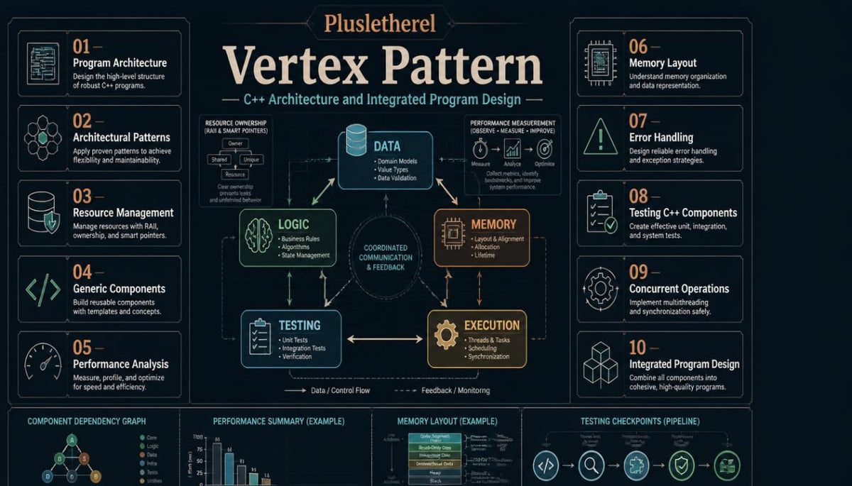 An educational infographic poster titled 'Pluslether Vertex Pattern' detailing C++ architecture and integrated program design concepts, featuring a central flowchart of Logic, Memory, Execution, and Testing, flanked by numbered lists on a dark background.