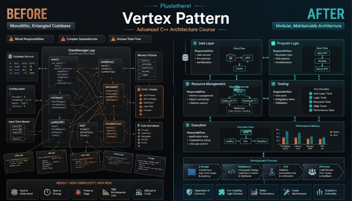 An infographic-style comparison poster titled 'Vertex Pattern' with 'BEFORE' and 'AFTER' sections, showing a dark technical architecture/course layout with text blocks, icons, and diagrams on a black background.